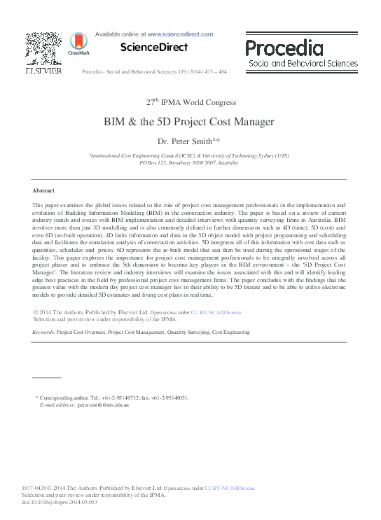 (PDF) ScienceDirect BIM & the 5D Project Cost Manager Milad Torabi