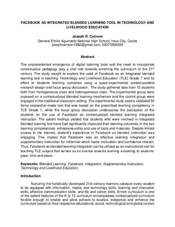 (DOC) FACEBOOK AS INTEGRATED BLENDED LEARNING TOOL IN TECHNOLOGY AND ...