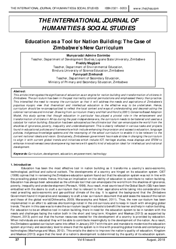 (PDF) Education as a Tool for Nation Building The Case of Zimbabwe's