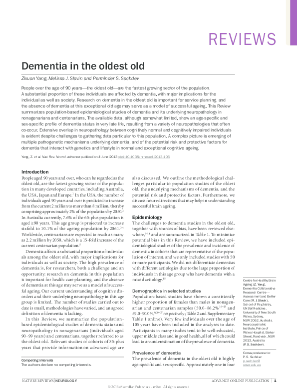 (PDF) Dementia in the oldest old