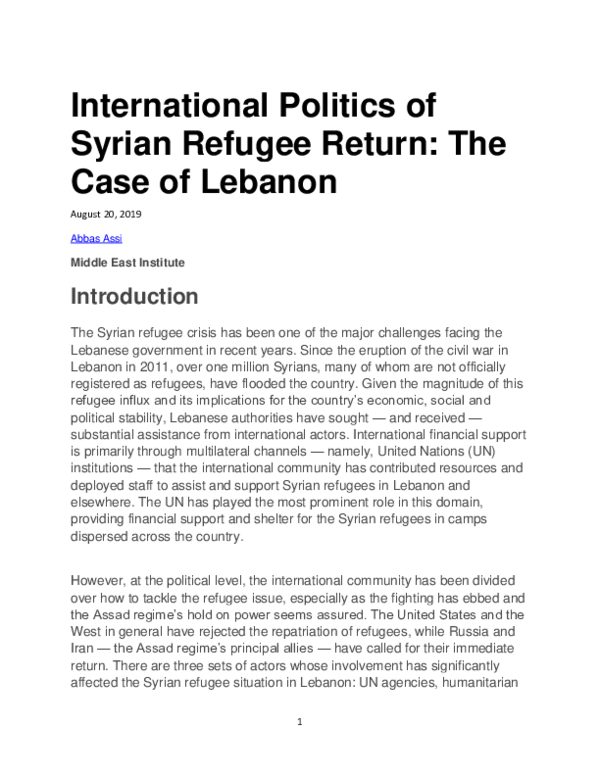 (PDF) International Politics of Syrian Refugee Return: The Case of Lebanon