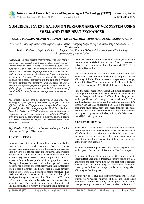 (PDF) IRJET NUMERICAL INVESTIGATION ON PERFORMANCE OF VCR SYSTEM USING SHELL AND TUBE HEAT