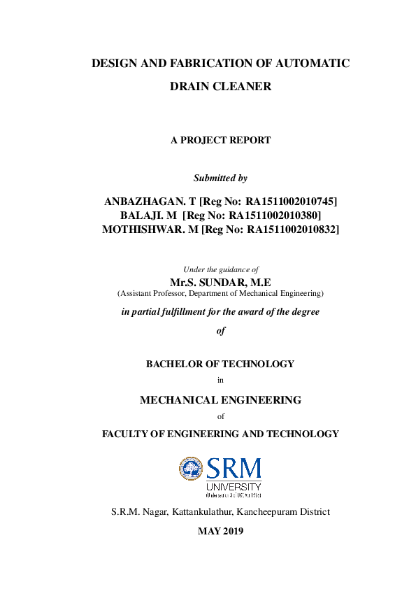 (PDF) DESIGN AND FABRICATION OF AUTOMATIC DRAIN CLEANER A PROJECT