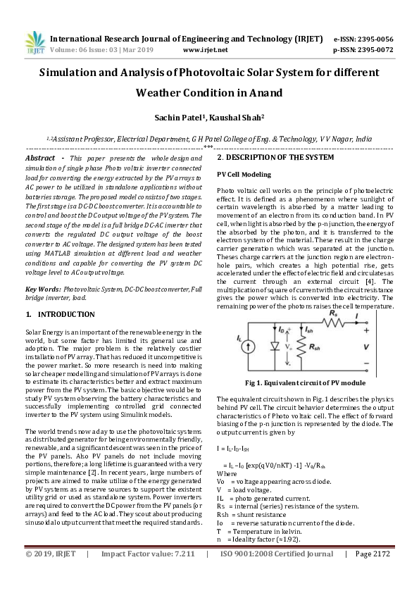 (PDF) IRJET- Simulation and Analysis of Photovoltaic Solar System for ...