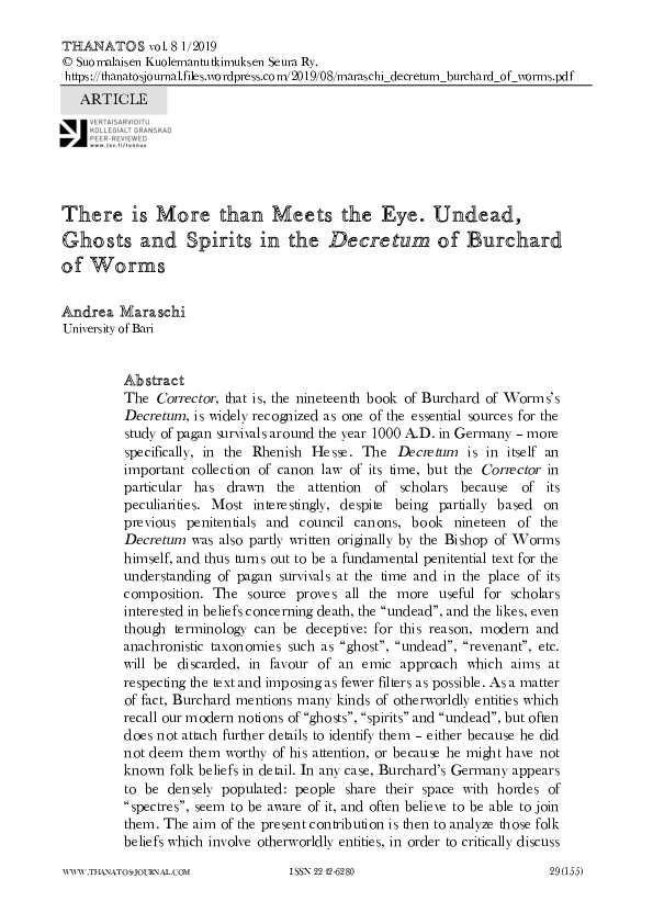 A. Maraschi, "There is More than Meets the Eye. Undead, Ghosts and Spirits in the Decretum of Burchard of Worms", Thanatos 8,1 (2019): 29-61
