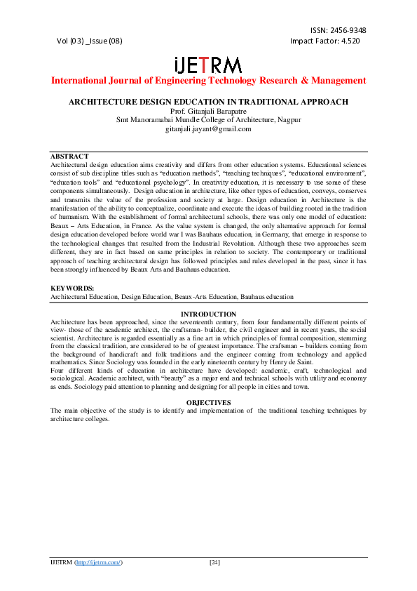 (PDF) ARCHITECTURE DESIGN EDUCATION IN TRADITIONAL APPROACH Ijetrm