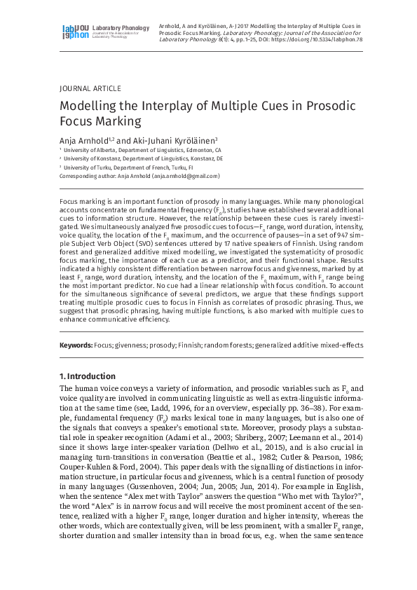 (PDF) Modelling the Interplay of Multiple Cues in Prosodic Focus Marking