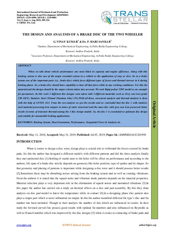 (PDF) THE DESIGN AND ANALYSIS OF A BRAKE DISC OF THE TWO WHEELER