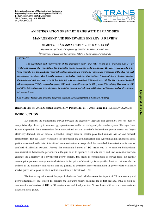 (PDF) AN INTEGRATION OF SMART GRIDS WITH DEMAND SIDE MANAGEMENT AND ...