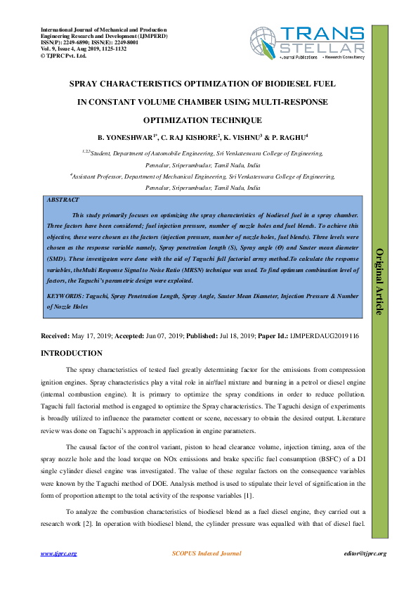 (PDF) SPRAY CHARACTERISTICS OPTIMIZATION OF BIODIESEL FUEL IN CONSTANT ...