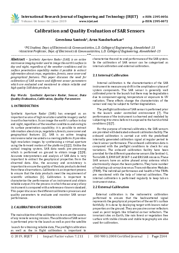 (PDF) IRJET Calibration and Quality Evaluation of SAR Sensors IRJET
