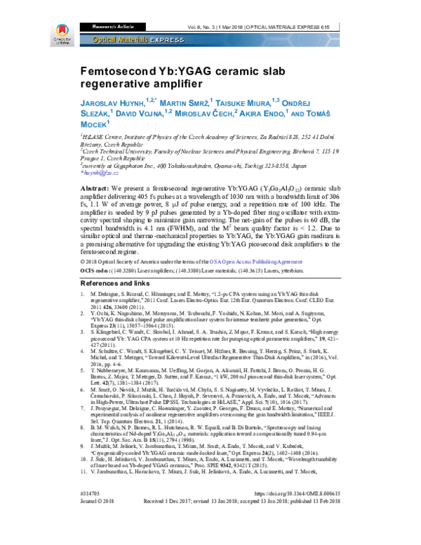 (PDF) Femtosecond Yb:YGAG ceramic slab regenerative amplifier