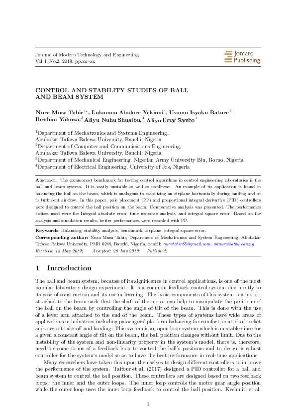(PDF) CONTROL AND STABILITY STUDIES OF BALL AND BEAM SYSTEM