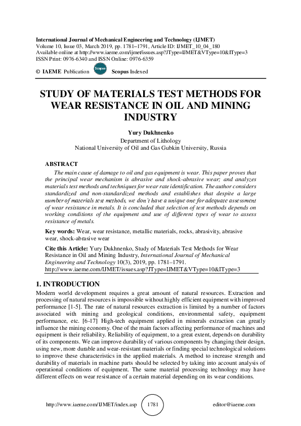 (PDF) STUDY OF MATERIALS TEST METHODS FOR WEAR RESISTANCE IN OIL AND MINING INDUSTRY IAEME