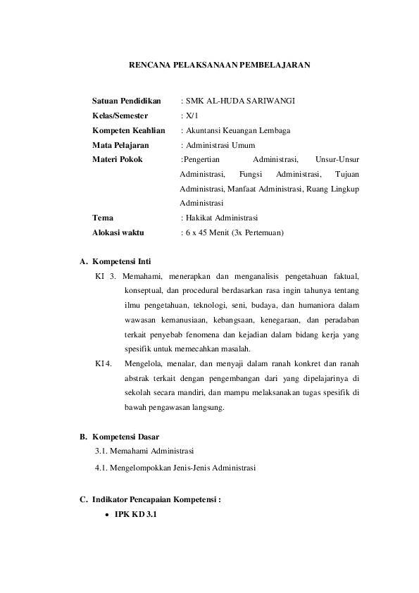 (DOC) CONTOH RPP MATA PELAJARAN ADMINISTRASI UMUM