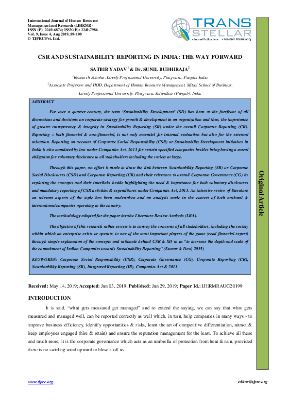 (PDF) CSR AND SUSTAINABILITY REPORTING IN INDIA: THE WAY FORWARD