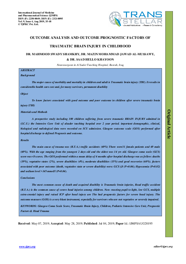 (PDF) OUTCOME ANALYSIS AND OUTCOME PROGNOSTIC FACTORS OF TRAUMATIC ...