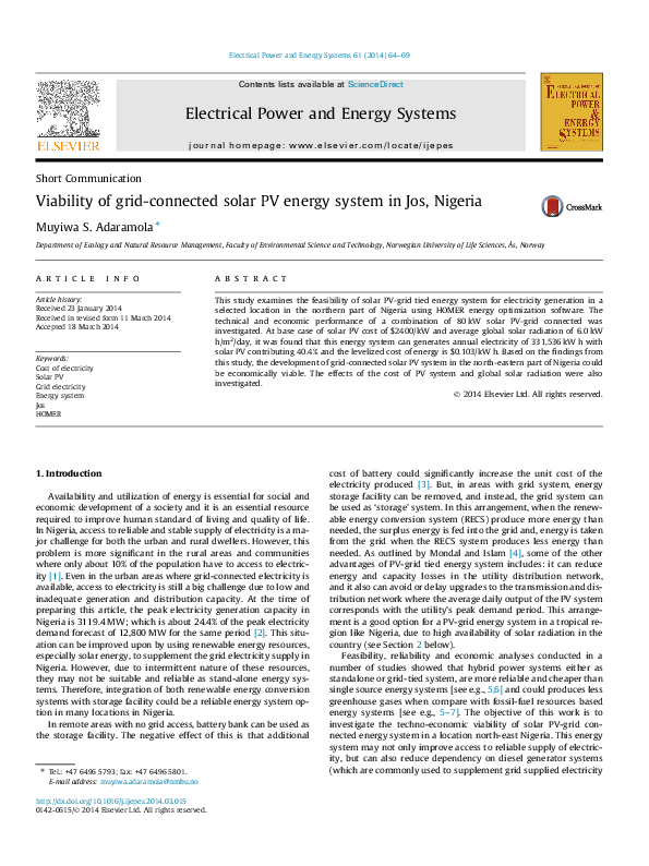 (PDF) Viability of grid-connected solar PV energy system in Jos, Nigeria