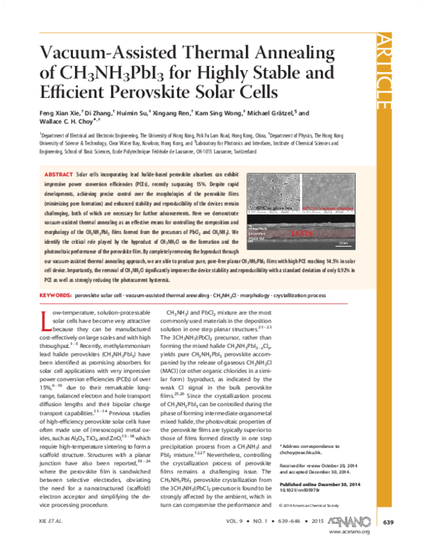 (PDF) Vacuum-Assisted Thermal Annealing of CH 3 NH 3 PbI 3 for Highly ...