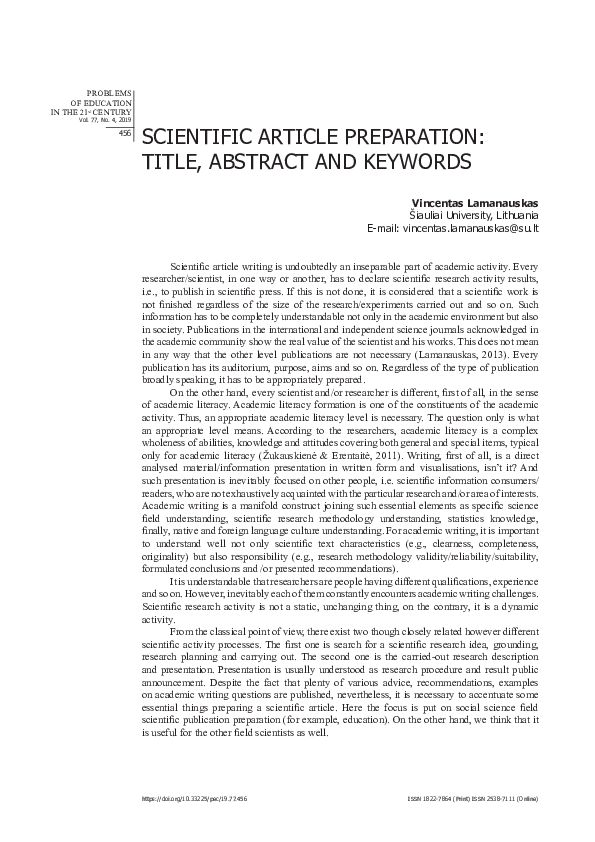 (PDF) SCIENTIFIC ARTICLE PREPARATION: TITLE, ABSTRACT AND KEYWORDS