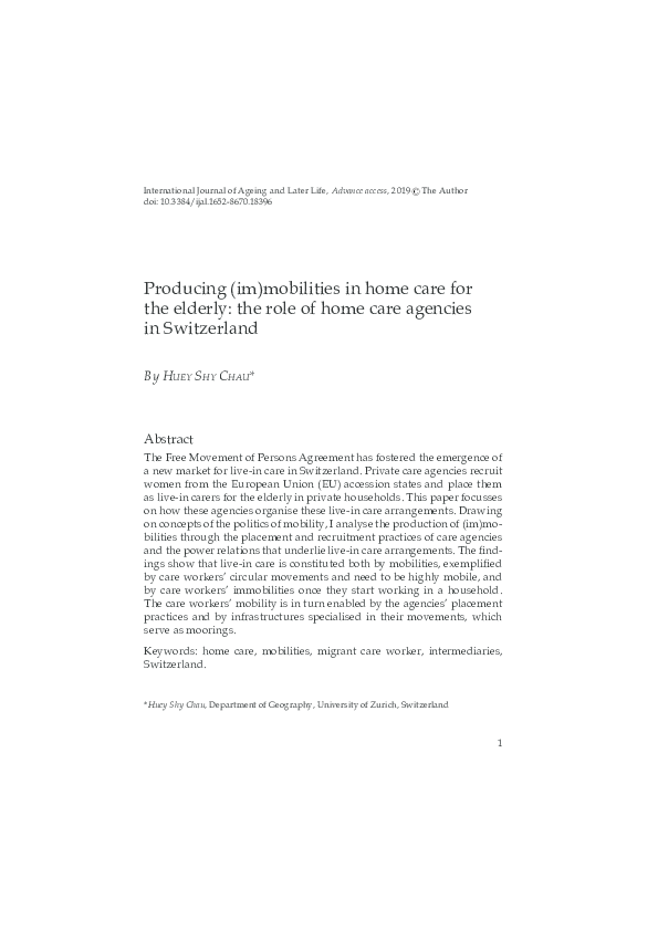 (PDF) Producing (im)mobilities in home care for the elderly: the role ...