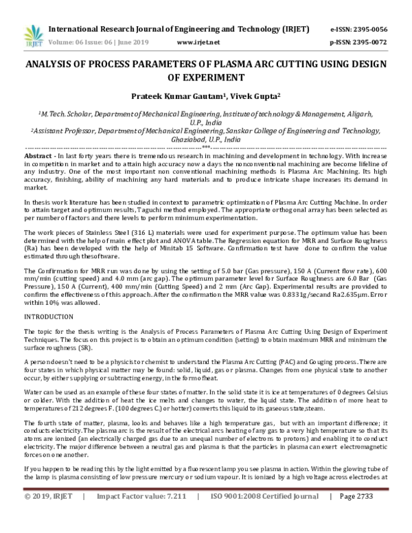 (PDF) IRJET ANALYSIS OF PROCESS PARAMETERS OF PLASMA ARC CUTTING USING