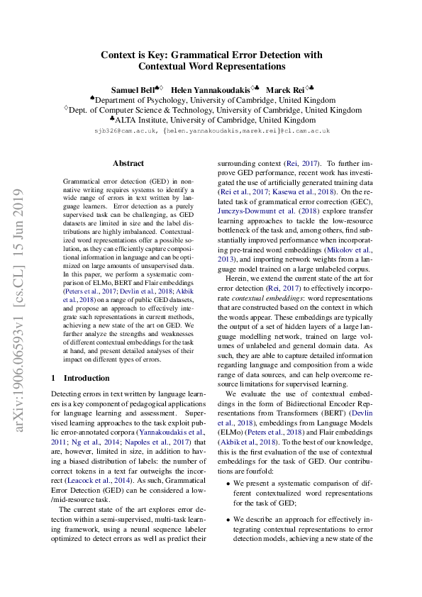(PDF) Context is Key: Grammatical Error Detection with Contextual Word ...