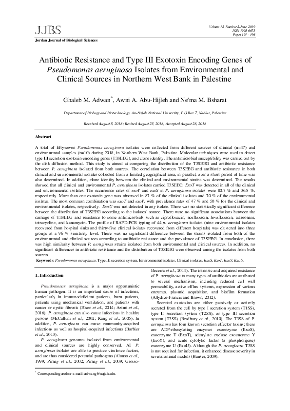 (PDF) Antibiotic Resistance and Type III Exotoxin Encoding Genes of ...