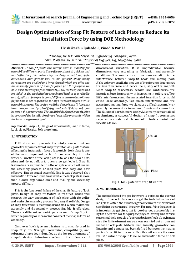 (PDF) IRJET- Design Optimization of Snap Fit Feature of Lock Plate to ...
