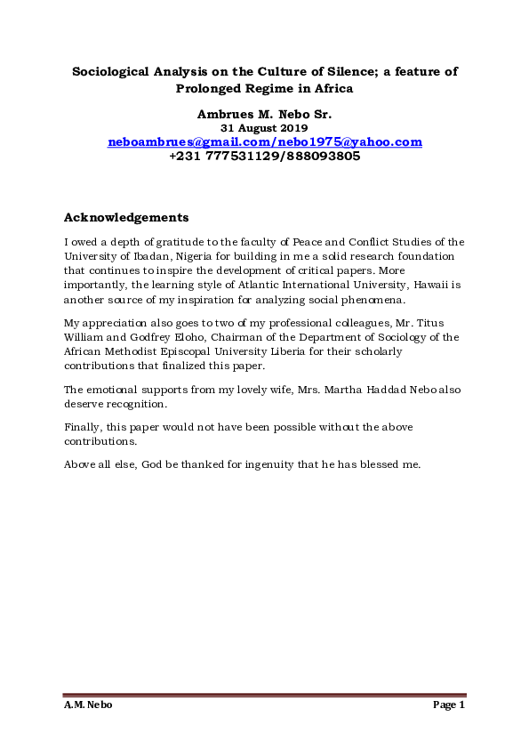 (PDF) Sociological Analysis on the Culture of Silence; a feature of ...