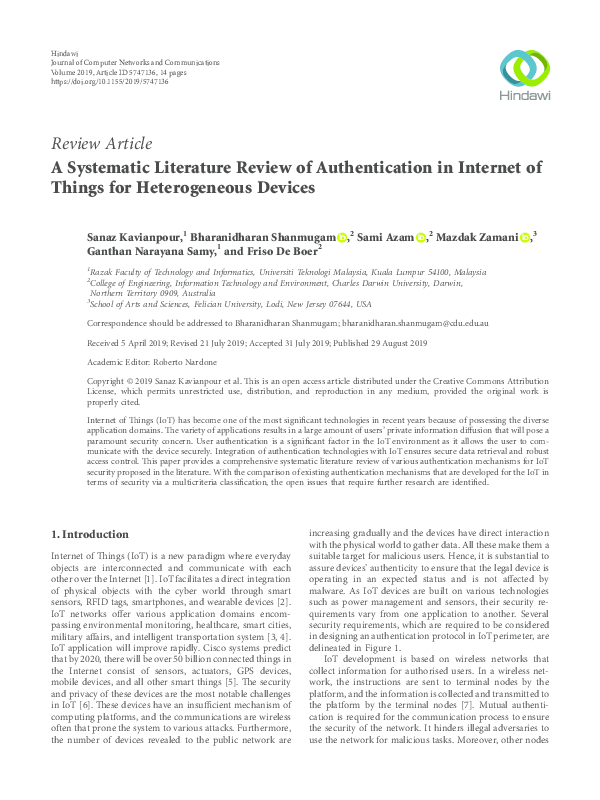 (PDF) A Systematic Literature Review of Authentication in Internet of ...