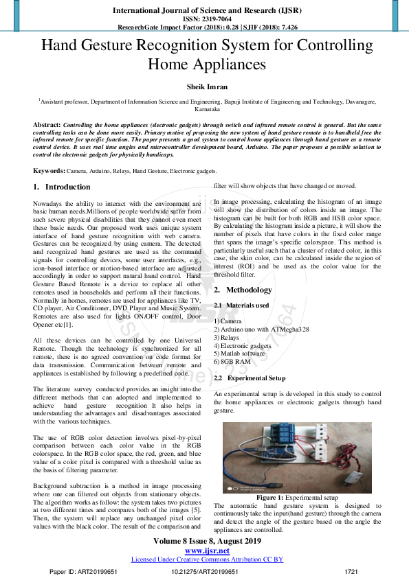 (PDF) Hand Gesture Recognition System for Controlling Home Appliances