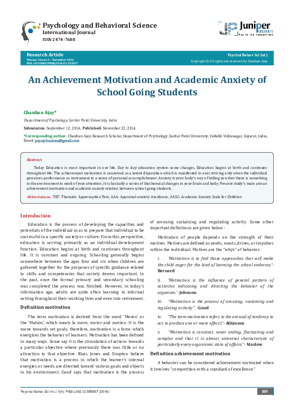 (PDF) An Achievement Motivation and Academic Anxiety of School Going ...