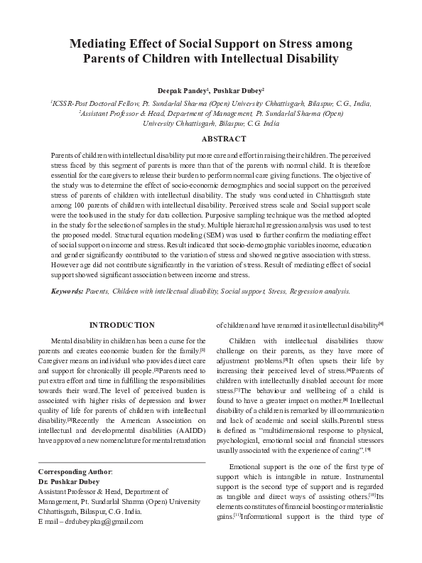 (PDF) Mediating Effect of Social Support on Stress among Parents of ...