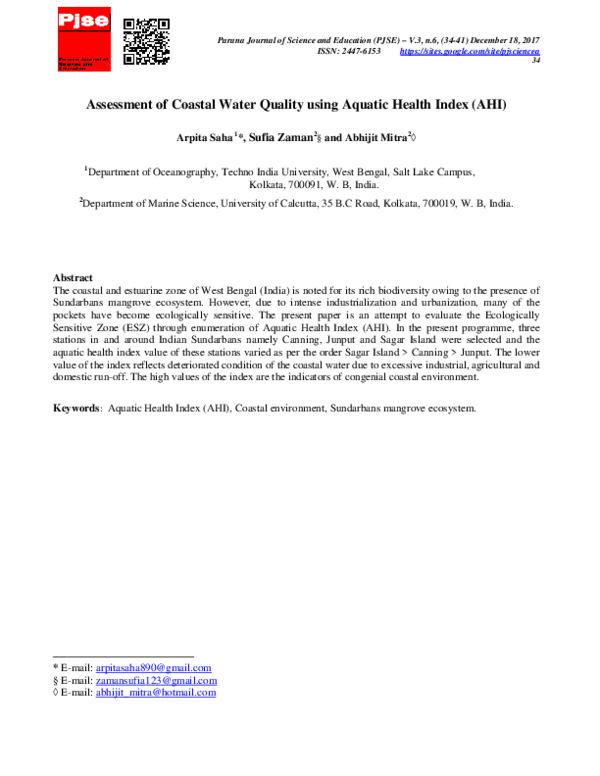 (PDF) Assessment of Coastal Water Quality using Aquatic Health Index (AHI