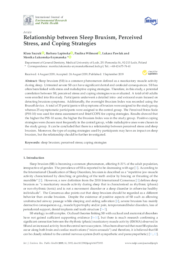 (PDF) Relationship between Sleep Bruxism, Perceived Stress, and Coping ...