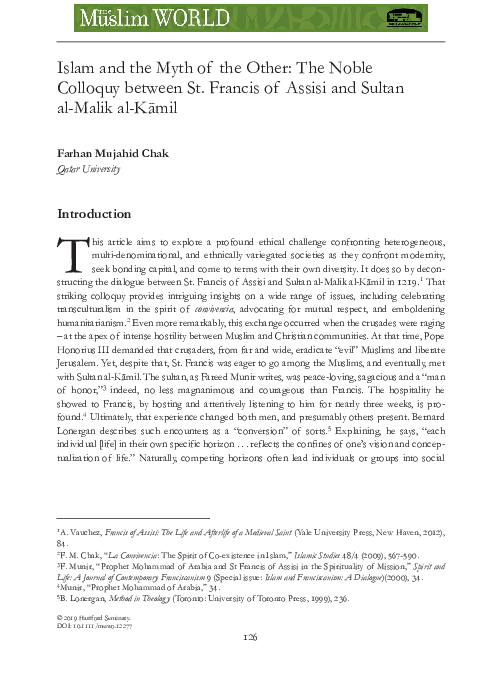 Islam and the Myth of the Other: The Noble Colloquy between St. Francis of Assisi and Sultan al-Malik al-Kāmil