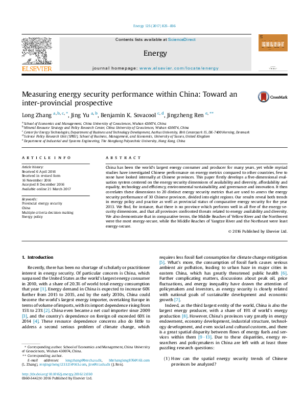 (PDF) Measuring energy security performance within China: Toward an ...