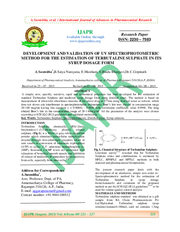 (PDF) DEVELOPMENT AND VALIDATION OF UV SPECTROPHOTOMETRIC METHOD FOR ...