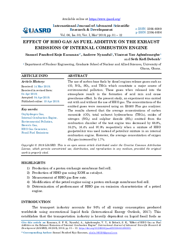 (PDF) EFFECT OF HHO GAS AS FUEL ADDITIVE ON THE EXHAUST EMISSIONS OF
