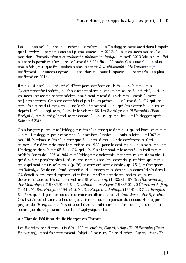 (PDF) Martin Heidegger Apports à la philosophie (partie I)