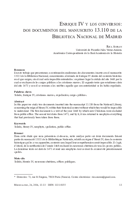 EnriquE iV y los conVErsos: dos documEntos dEl manuscrito 13.110 dE la BiBliotEca nacional dE madrid