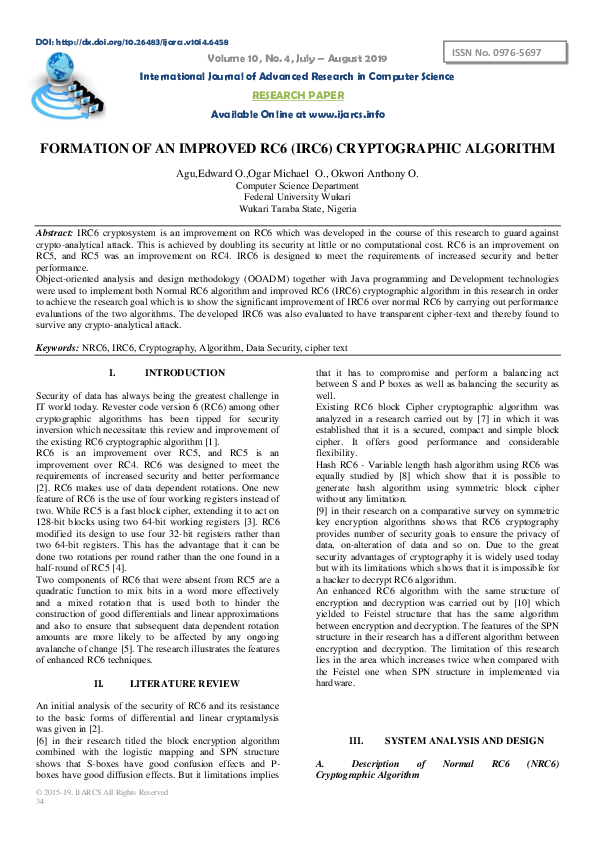(PDF) FORMATION OF AN IMPROVED RC6 (IRC6) CRYPTOGRAPHIC ALGORITHM