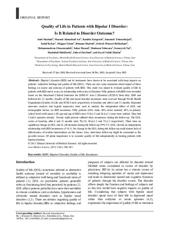 (PDF) ORIGINAL REPORT Quality of Life in Patients with Bipolar I ...