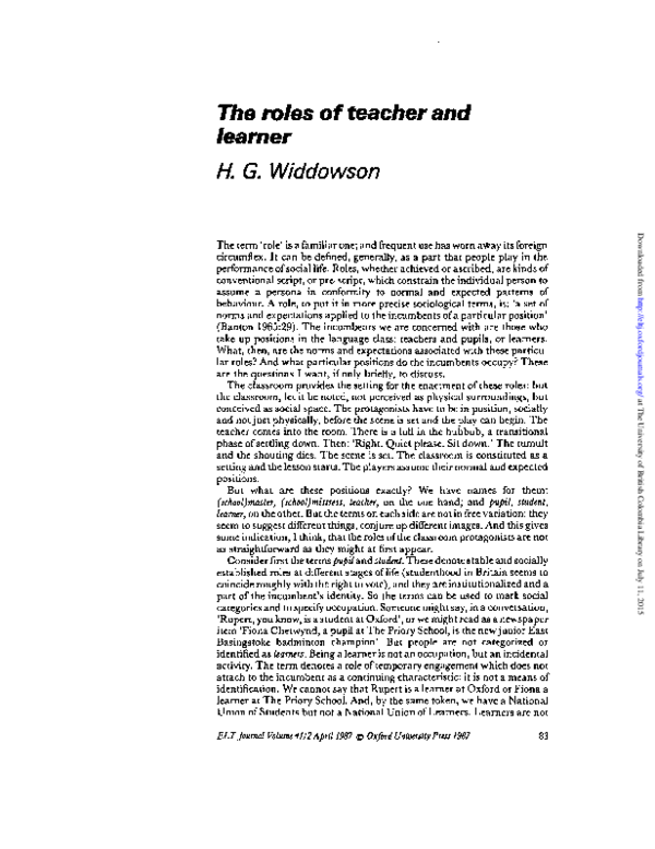 (PDF) The roles of teacher and learner