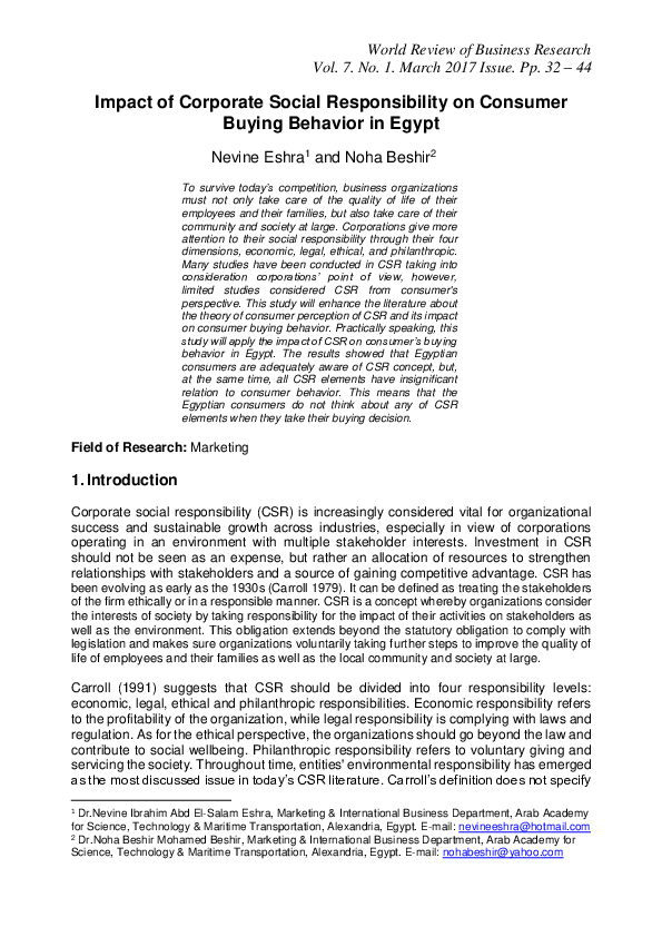 Impact of Corporate Social Responsibility on Consumer Buying Behavior in Egypt