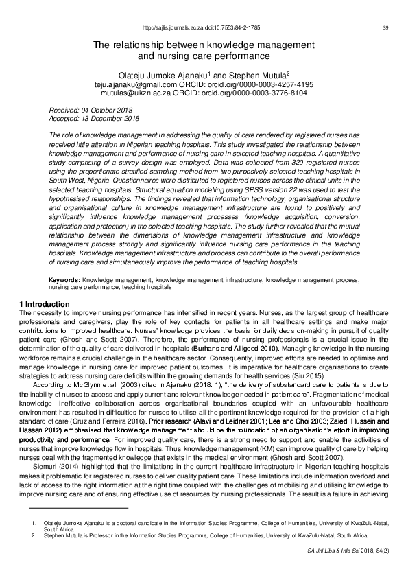 (PDF) The relationship between knowledge management and nursing care ...