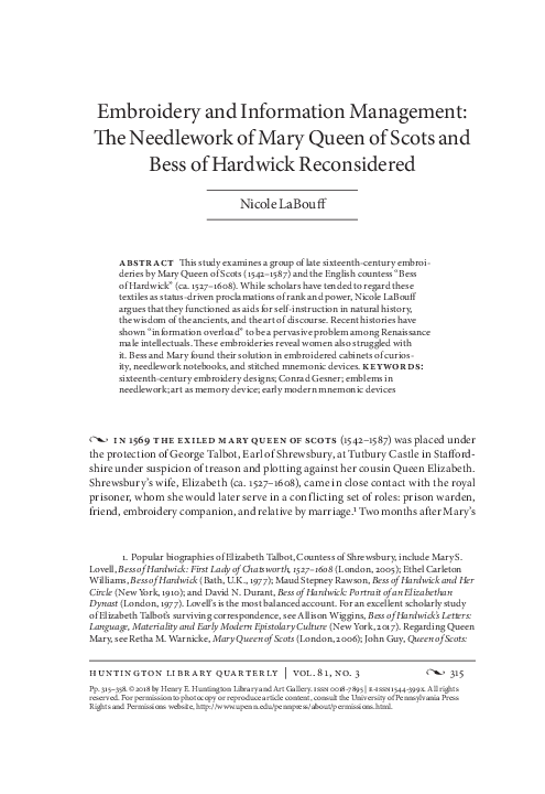 Embroidery and Information Management: The Needlework of Mary Queen of Scots and Bess of Hardwick Reconsidered