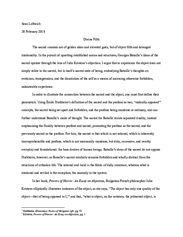 pdf divine filth bataille and kristevas sacred abjection powers of horror an essay on abjection