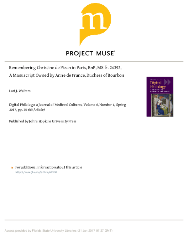 “Remembering Christine de Pizan in Paris, BnF, fr. 24392, A Manuscript Owned by Anne de France, Duchess of Bourbon,”